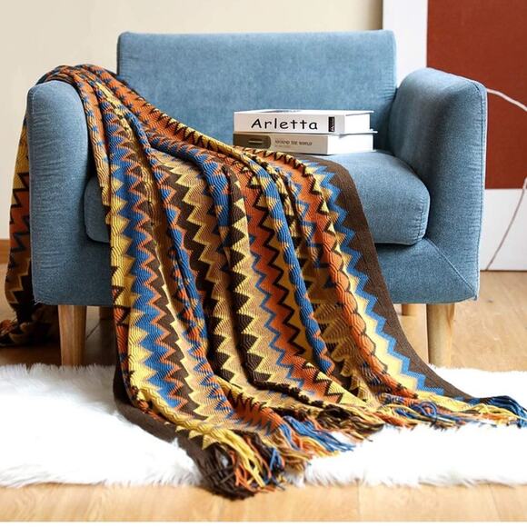 Bohemian Zigzag Coffee Tassel Blanket - Picture 2 of 10